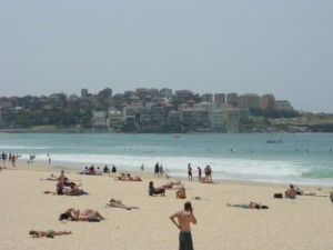 人群在海邊戲水及在沙灘上曬日光浴